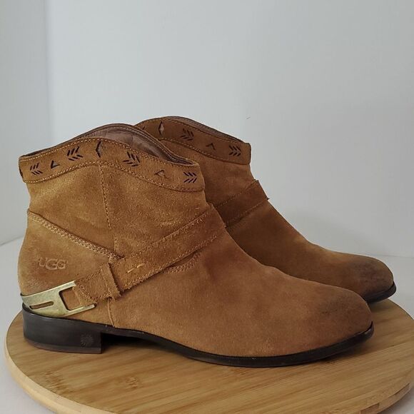 Ugg Australia Brown Suede Gold Hardware Harness Ankle Short Boots Women's 9.5 - Picture 1 of 14